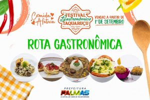 Portal Jaciara Barros – Banner destaca o Festival Gastronômico de Taquaruçu Rota, com cinco pratos e informações do evento em fundo branco. – Portal Jaciara Barros
