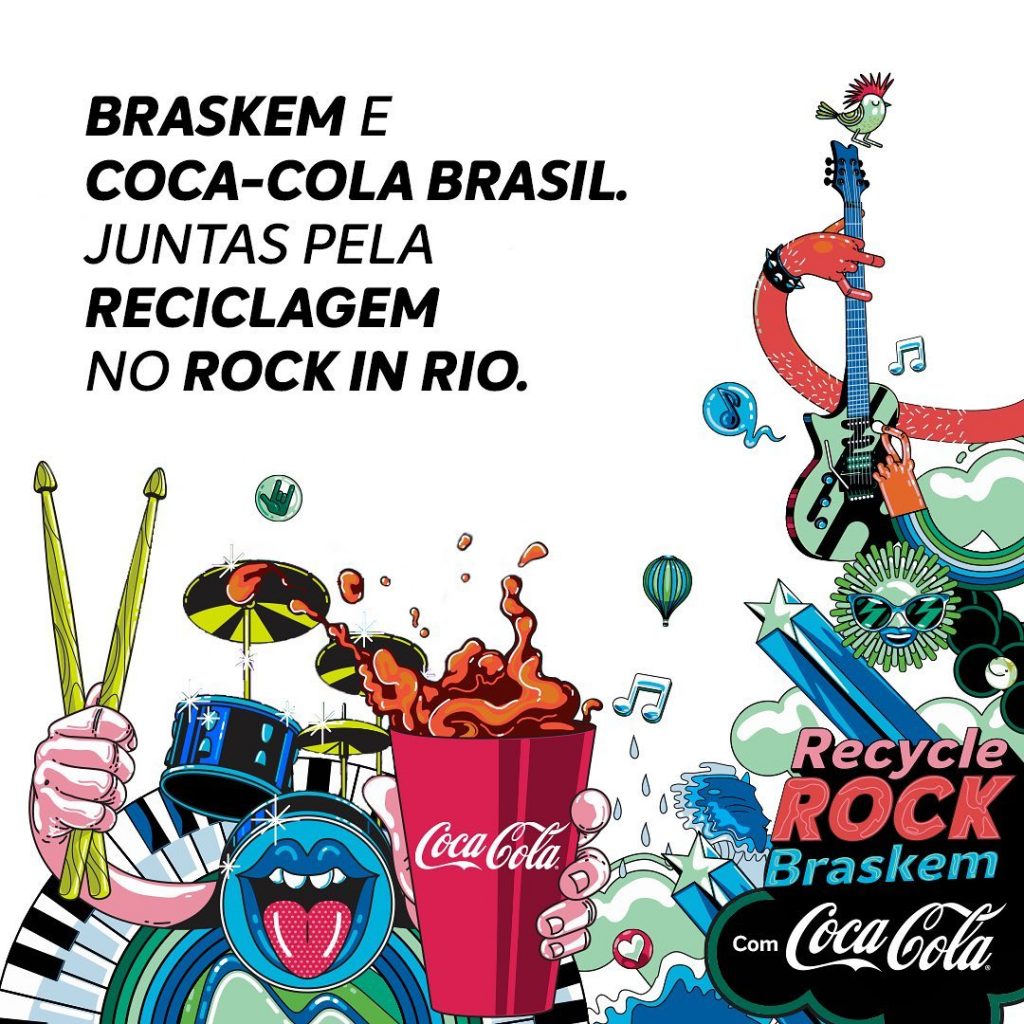 Portal Jaciara Barros – Ilustração mostra bateria, guitarra e copo de Coca-Cola com mensagem sobre ação de reciclagem da Braskem e Coca-Cola no Rock in Rio. – Portal Jaciara Barros
