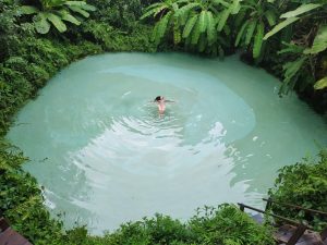 Portal Jaciara Barros – Uma pessoa nada sozinha em uma piscina circular de tom azul claro, cercada pela vegetação tropical característica de Jalapão. – Portal Jaciara Barros