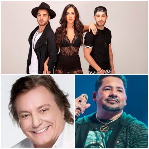 Portal Jaciara Barros – Três pessoas posam acima de retratos: Fábio Jr. sorrindo, de branco, e Zezo em apresentação, segurando um microfone. – Portal Jaciara Barros