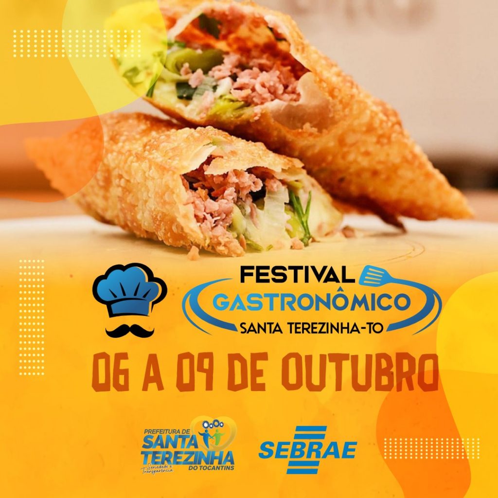 Portal Jaciara Barros – Imagem mostra um pastel recheado ao lado de texto sobre o Festival Gastronômico em Santa Terezinha do Tocantins, 6 a 9 de outubro. – Portal Jaciara Barros
