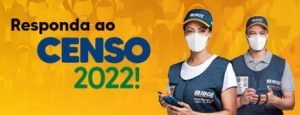 Portal Jaciara Barros – Em fundo amarelo, dois agentes uniformizados do IBGE incentivam a participação no Censo ao lado da frase "Responda ao Censo 2022!". – Portal Jaciara Barros