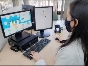 Portal Jaciara Barros – Na Unidade Certificadora do Tocantins, uma mulher de máscara trabalha em uma mesa com desktop e dois monitores. – Portal Jaciara Barros