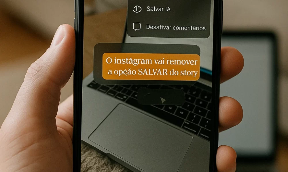 Pessoa segurando celular com Instagram aberto e mensagem sobre a remoção da opção de salvar stories.
