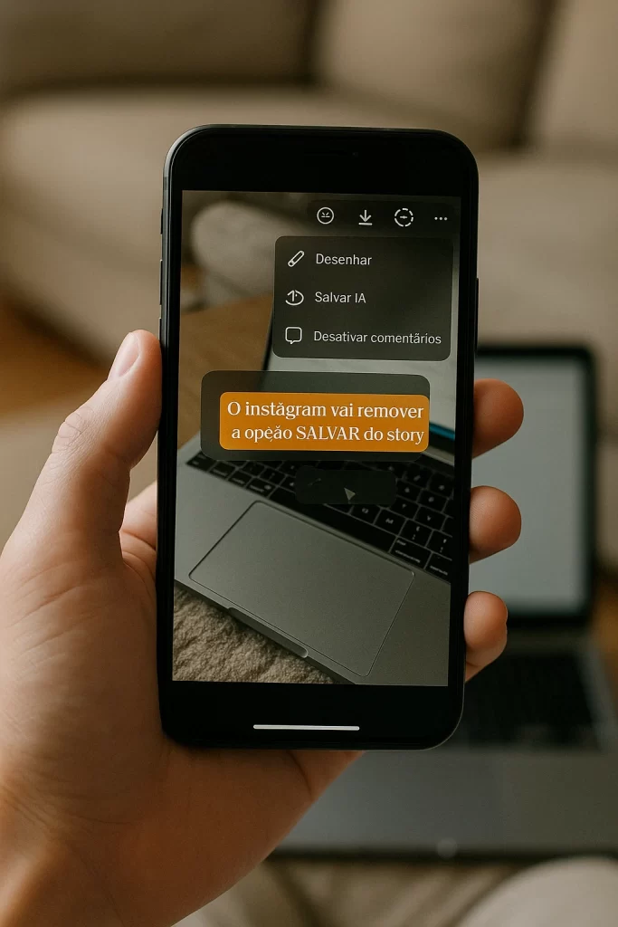 Pessoa segurando celular com Instagram aberto e mensagem sobre a remoção da opção de salvar stories.