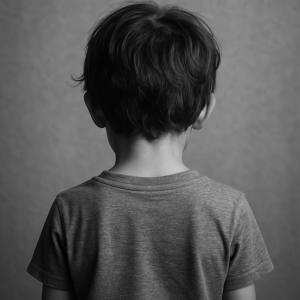 criança em preto e branco de costas