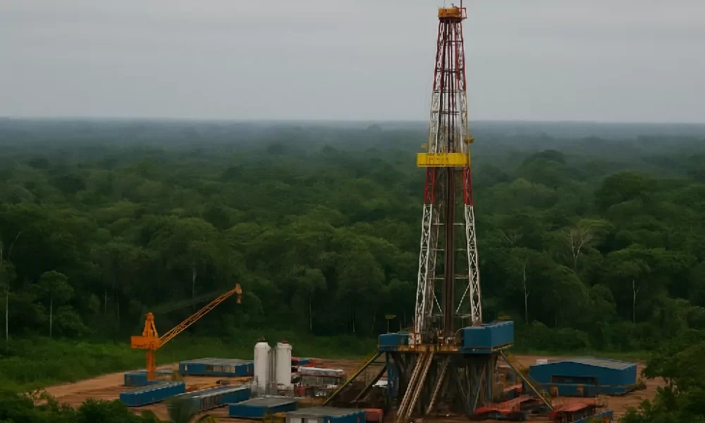 Plataforma de petróleo cercada pela floresta amazônica, simbolizando o conflito entre exploração econômica e preservação ambiental.