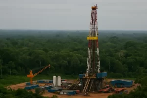 Plataforma de petróleo cercada pela floresta amazônica, simbolizando o conflito entre exploração econômica e preservação ambiental.