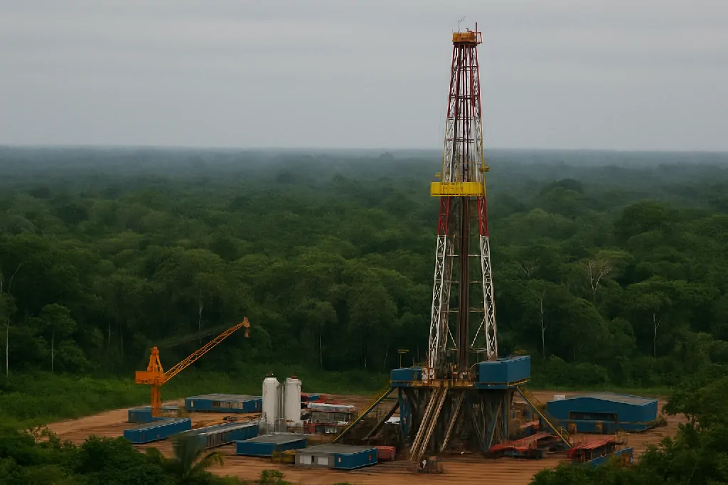 Petróleo na Amazônia: alerta ambiental e impasse no governo 35 Plataforma de petróleo cercada pela floresta amazônica, simbolizando o conflito entre exploração econômica e preservação ambiental.