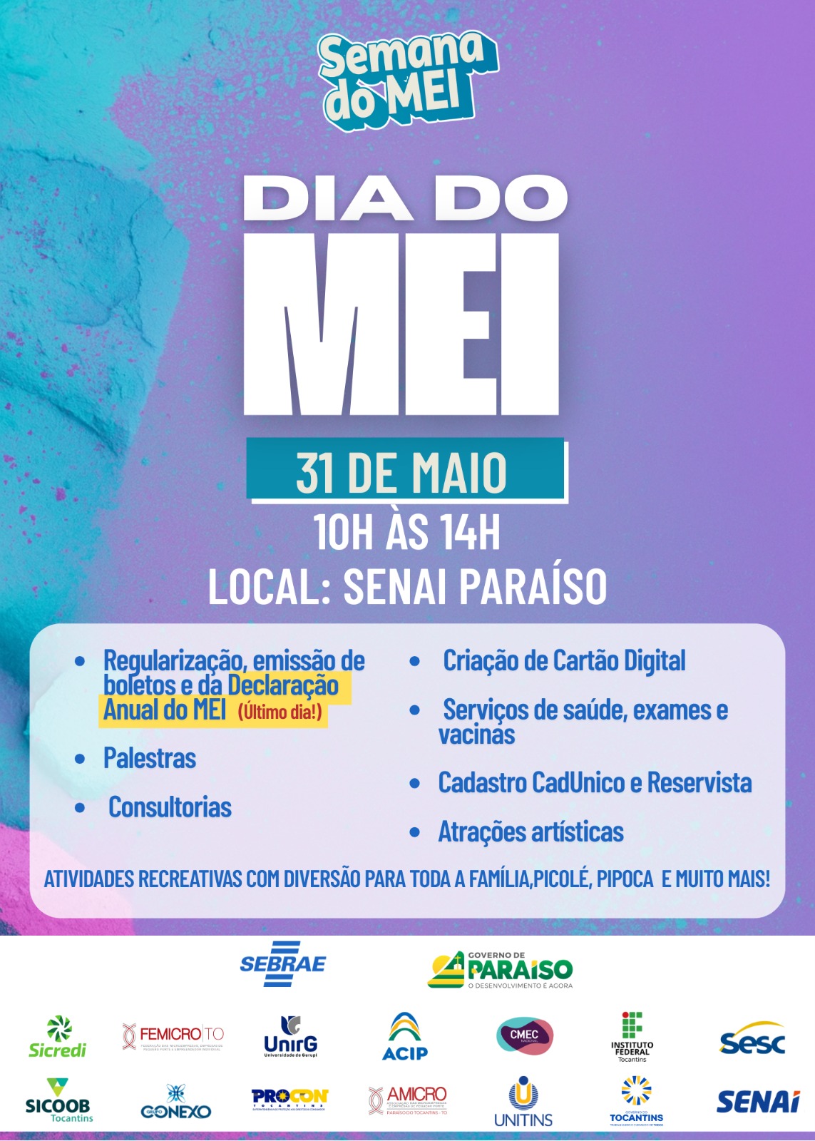 Evento ocorre neste sábado, 31, no Senai, e oferece atendimentos, orientações, atividades culturais e ações de saúde e cidadania