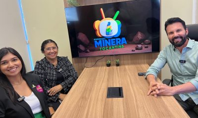 Presidente do SGB, Inácio Melo, Presidente da Mineratins, Dra. Lina Ester Ribeiro, e a jornalista da Companhia, Julia Carretero.