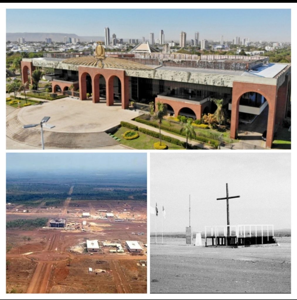 Vista aérea atual da cidade de Palmas, com prédios, avenidas e áreas verdes.