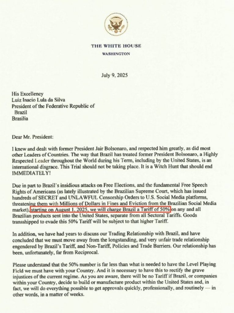 EUA oficializam tarifa de 50% sobre produtos brasileiros a partir de 1º de agosto; carta de Trump a Lula provoca crise diplomática 37 Veja a carta oficial enviada por Donald Trump a Lula
