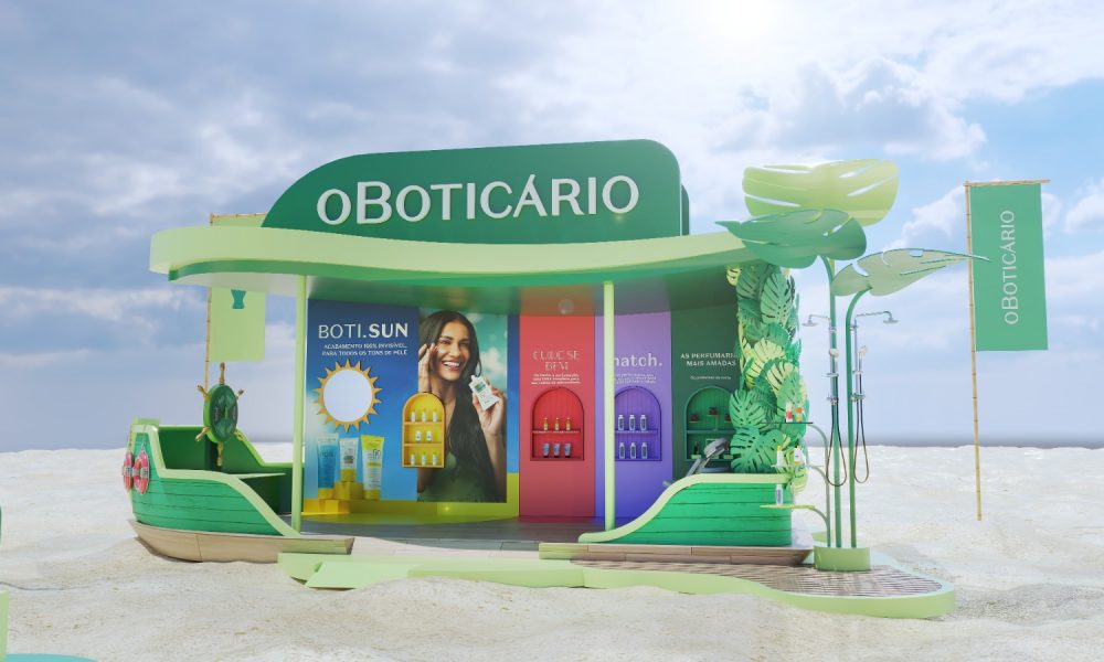 Quiosque temático com produtos, construído com elementos característicos da região Norte e da identidade da marca.