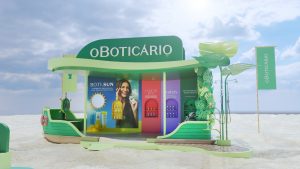 Quiosque temático com produtos, construído com elementos característicos da região Norte e da identidade da marca.