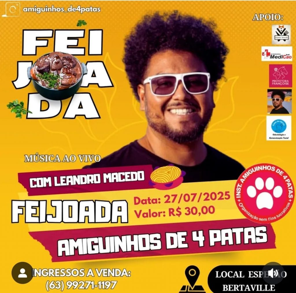 Feijoada solidária em Palmas arrecadará fundos para o Instituto Amiguinhos de 4 Patas