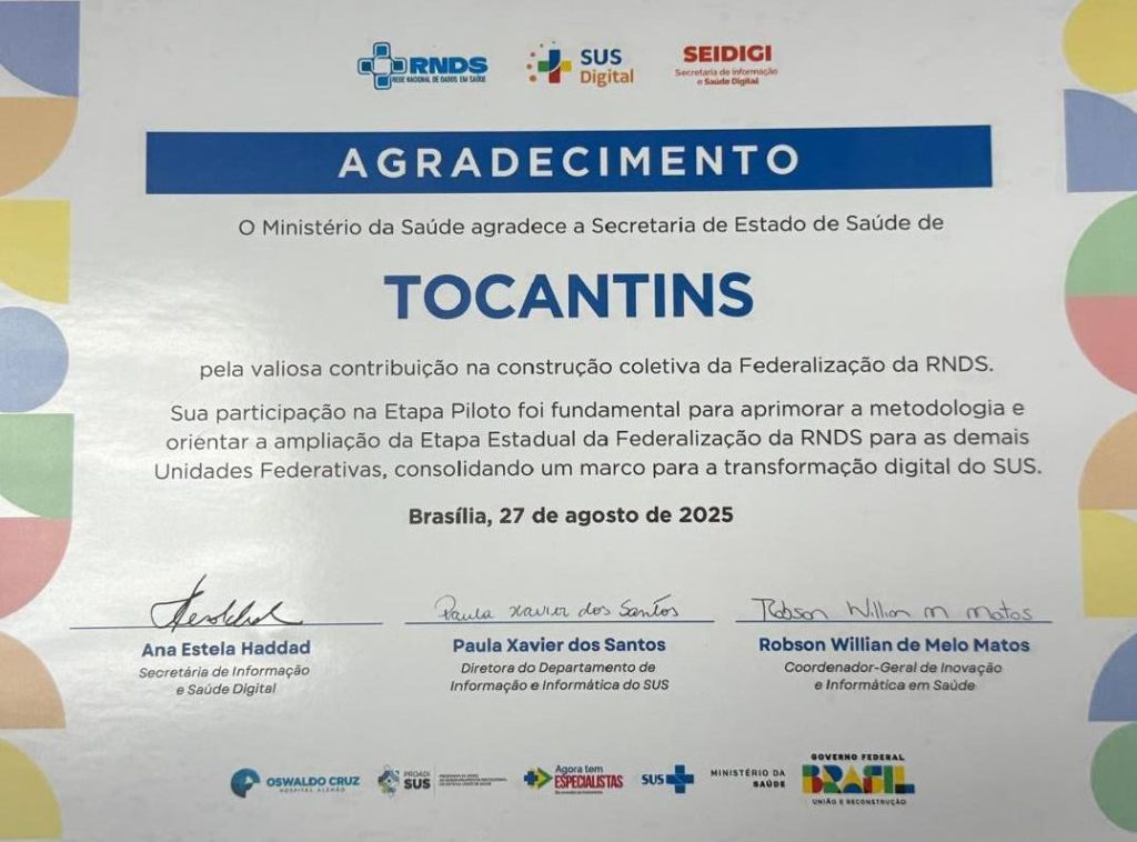O Agradecimento foi feito pelo Ministério da Saúde

