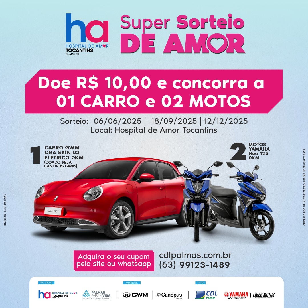 Hospital de Amor Tocantins sorteará moto nesta quinta-feira, 18 de setembro