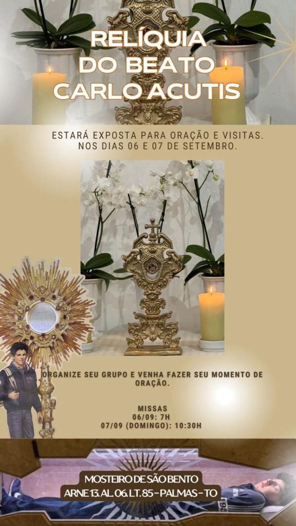 Relíquia do Beato Carlo Acutis estará em exposição no Mosteiro de São Bento, em Palmas