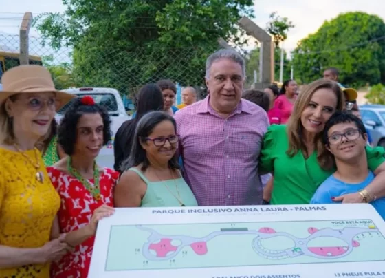 Governador Laurez Moreira, primeira-dama e desembargadora Ângela Prudente, ao lado da presidente da Apae de Palmas, Vilma Maria e assistidos da instituição na inauguração do Parque Acessível - Foto: Hiroshi Fukushima/Governo do Tocantins